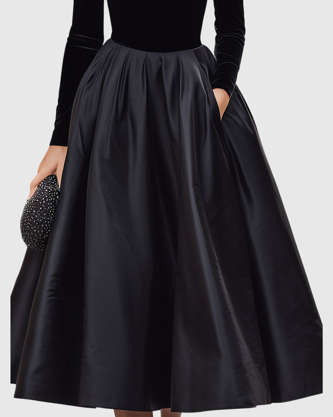ARADIA | ELEGANT BLACK VELVET AND SATIN MIDI DRESS